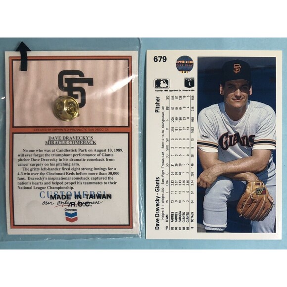 San Francisco GIANTS, 1990 Dave Dravecky Card & Dave Dravecky,Giant Miracle Pin - Picture 2 of 4